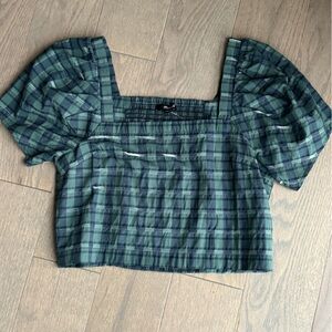 NWT Madewell Green and Blue Plaid Crop Top with puff sleeves - Size Small
